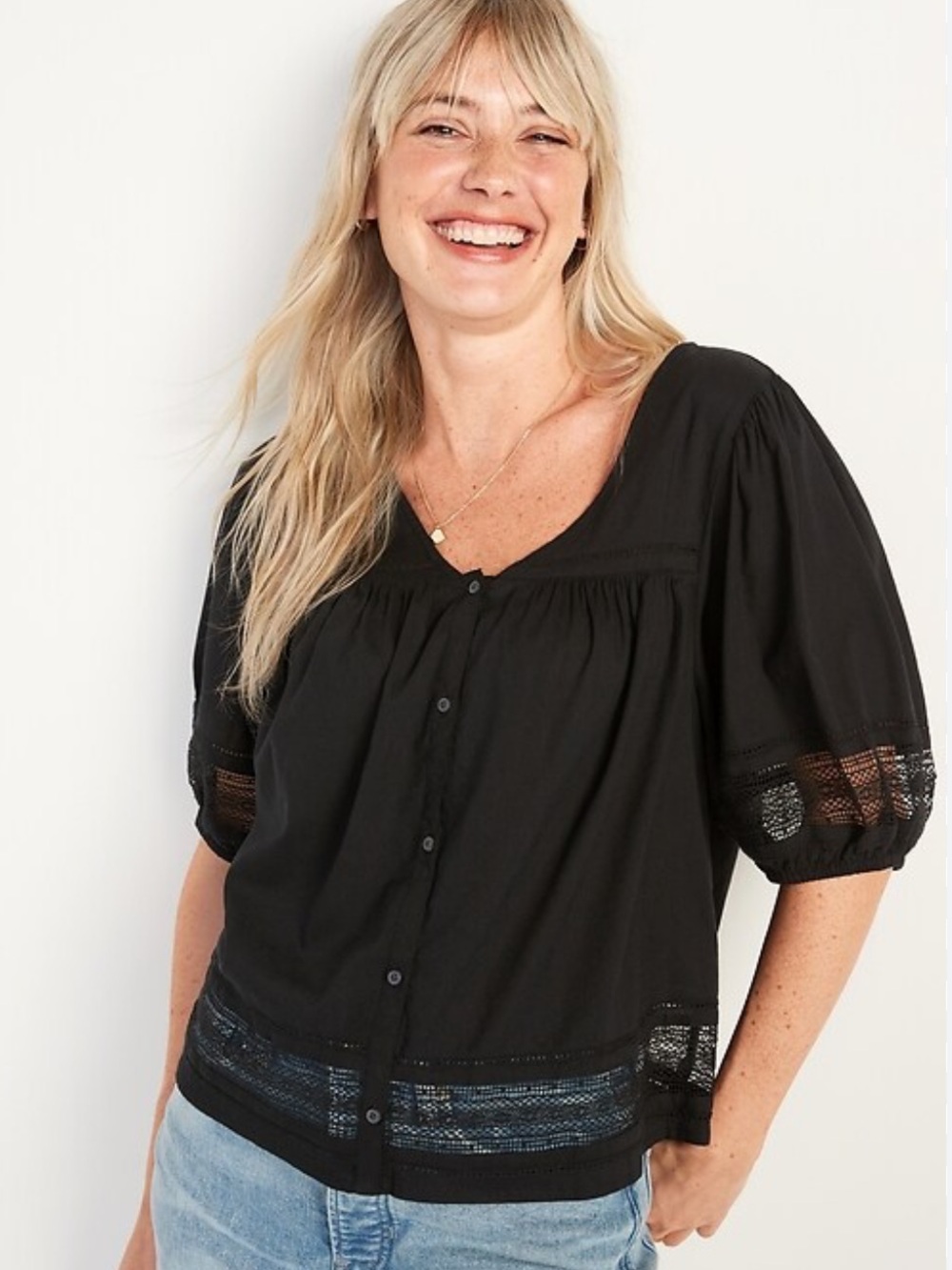 Old Navy Black Button-Front Lace-Trim Peasant Top